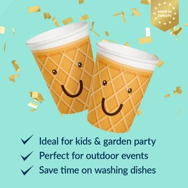 PAW - Disposable Paper Cups (8,5 oz, 50-Pack), Hot & Cold Paper Coffee Cups, Fun Drinking Cups with Ice Cream Theme for Birthday, Kids Party, Picnic, Garden Party, BBQ