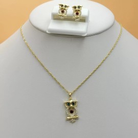 JEYFEL XOIA PREMIUM 14K Gold Plated CZ Cute Owl Set Pendant, Earrings & Chain. Good Luck.