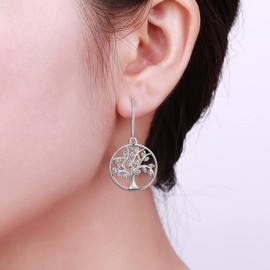 YL Tree of Life Earrings 925 Sterling Silver Simulated Emerald/3A Cubic Zirconia Family Tree Dangle Earrings, Sterling Silver, Cubic Zirconia