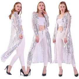 Women's Sequin Cardigan Summer Cover Up Dress Glitter Sparkle Open Front Coat Dresses Duster for Evening Prom XXL Silver