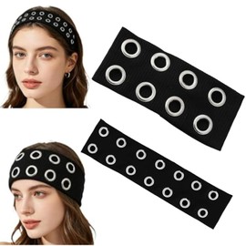 2 Pcs Women Black Grommet Headbands, Elastic Studded Headband with Holes Punk Goth Y2K Grunge Fashion Stretch Hair Band
