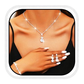 Aukmla Rhinestones Bridal Wedding Jewelry Set Silver Sparkly Crystal Necklace Earrings Bracelet Sets Prom Jewelry for Women and Brides (Silver)