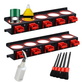 HBYCDSTF Spray Bottle Rack Organizer, 2 Pack Wall-mounted Spray Bottle Holder, Car Beauty Shop Spray Bottle Storage Rack, Auto Cleaning Detailing Tools Holder with 5 Hooks and 5 PCS Cleaning Brushes