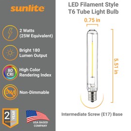 Sunlite LED Filament T6 T6.5 Tubular Light Bulb, 2 Watts (25W Equivalent), 180 Lumens, Intermediate E17 Base, Non-Dimmable, 139 mm, ETL Listed, 2700K Soft White, 6 Count