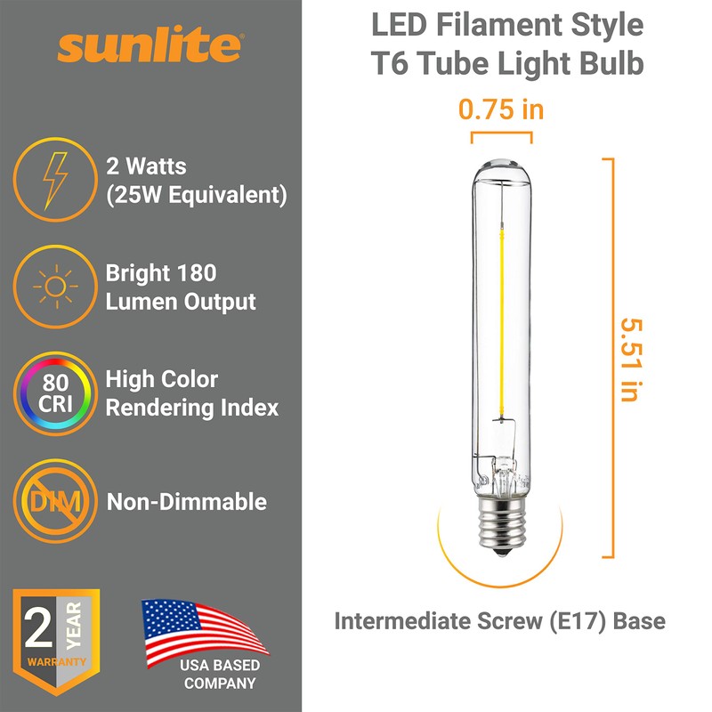 Sunlite LED Filament T6 T6.5 Tubular Light Bulb, 2 Watts
