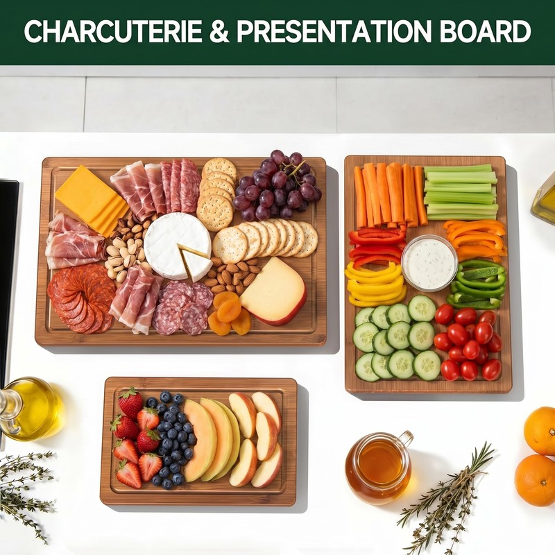 Bamboo Cutting Board Set (S+M) with Juice Grooves & Built-In