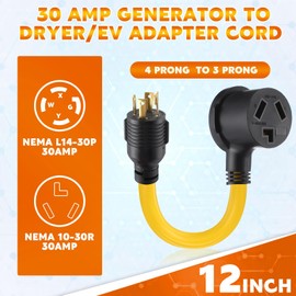 Tellegloww Generator to Dryer Adapter Cord NEMA L14-30P to 10-30R 30 Amp, ETL Listed, 4 Prong Locking Generator Male to 3 Prong Dryer Female for EV, 10 AWG STW, 1FT