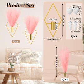 4 Pcs Diamond Shape Hanging Metal Vase with 8 Pcs Artificial Pampas Bouquet 8 Pcs Non Marking Hook Adhesive Hooks Plant Boho Wall Decor for Home Living Room Bedroom Office (Gold, Pink)