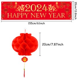 FEPITO 2024 Chinese New Year Decorations Happy Chinese New Year Banner Year of dragon Party Banner with Chinese Red Paper Lanterns for Chinese Spring Festival Decorations Indoor Outdoor New Year Party
