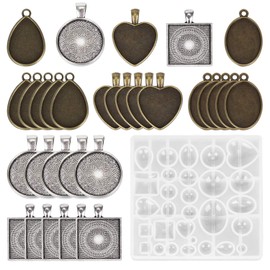 HOMEIDOL Resin Jewelry Molds Pendant Trays Making Kit with 30Pcs 5 styles Metal Pendant and 1 Pc Silicone Epoxy Jewelry Casting Molds for Pendant Crafting DIY Jewelry Gift Making