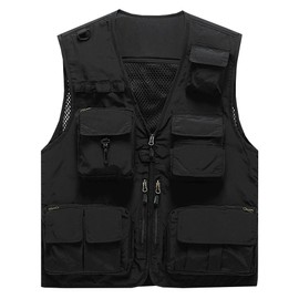 Flygo Men's Casual Lightweight Outdoor Fishing Work Safari Travel Photo Cargo Vest Jacket Multi Pockets(3X-Large, Black)