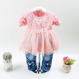 Peacolate 6M-4 Years Baby Girl Clothing Set 3 Pieces Skirt with Lace Jeans and Denim Jacket in Button Style with Butterfly Pattern, pink