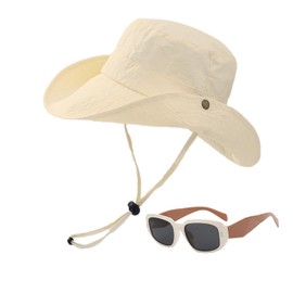 JUPSK Baby Sun Hat Toddler Summer Bucket Hat Wide Brim Beach Hat with Sunglass UPF50 Solid Color Cap for Kids Child Boys Girls 2-6 Years （Beige）