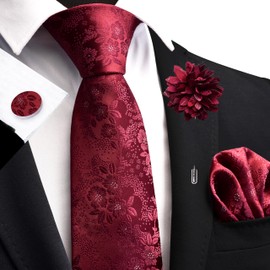 Gusleson Burgundy Tie for Men Solid Silk Floral Wedding Necktie Pocket Square Cufflinks and Lapel Pin Brooch Set (UK6107-05)