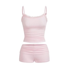 Hilinker Womens Lace Trim 2 Piece Pajama Set Ruched Cami and Shorts Summer Cute Pjs Pink Large