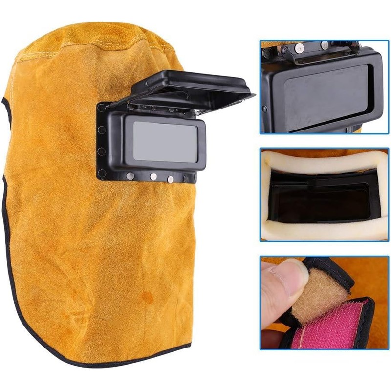 Welding Helmet Mask with Flip Open Lens, Leather Welding Hood