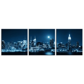 NAN Wind 3-Piece Modern Manhattan Night Skyline Canvas Art Blue Moon Urban Cityscape Wall Decor Contemporary NYC-Inspired Night View Panoramic Prints Framed City Canvas Set for Home Office Living Room