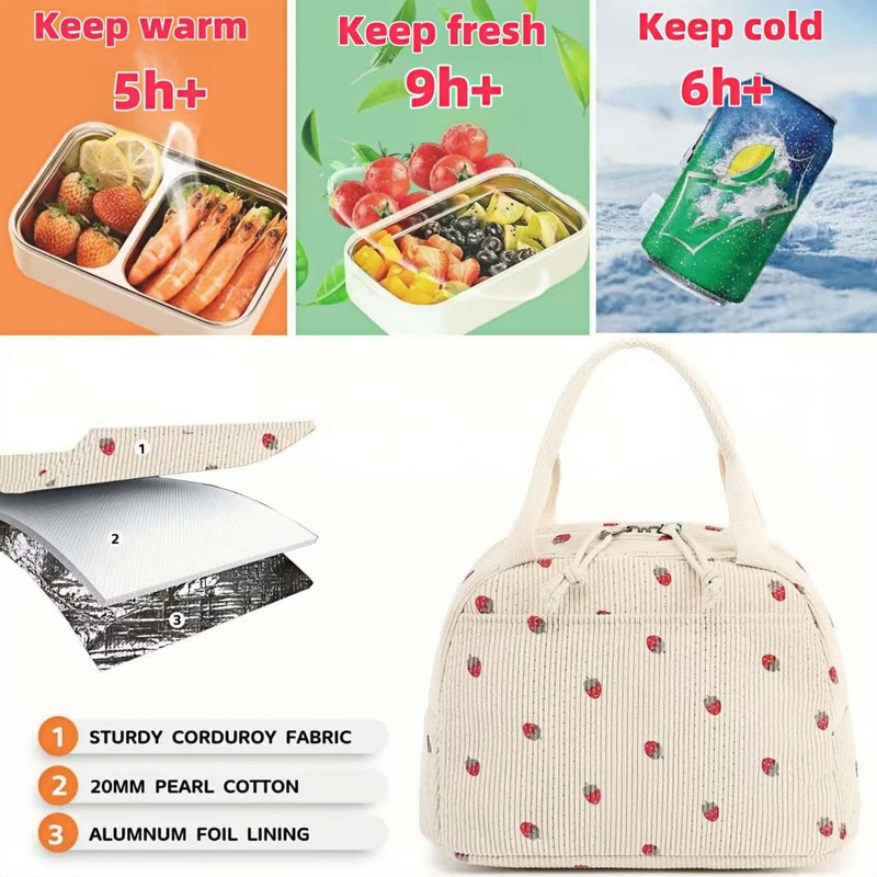 HOLADAWN Corduroy Insulated Lunch Bag for Women, Cute Cooler Lunch