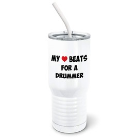 PixiDoodle My Heart Beats For A Drummer - Drummer's Band Tumbler with Spill-Resistant Slider Lid and Silicone Straw (20 oz Tall Tumbler, White)