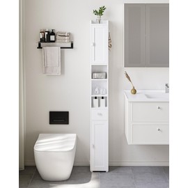 HEXCELEN Bathroom Storage Cabinet, Narrow Tall Bathroom Cabinet, Freestanding Floor Cabinets with 2 Doors and 1 Drawer, Toilets Organizer with Adjustable Shelf, 1 Hook for Small Spaces, White