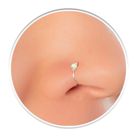 Clip On Nose Ring No Piercing Needed - 24G Green Opal Fake Nose Ring - 925 Sterling Silver Faux Nose Hoop Jewelry