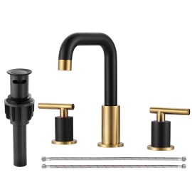 Brush Nickel 2 Handle 3 Hole Widespread Bathroom Faucet with Sink Drain and Water Faucet Supply Hose Vanity FaucetsColor: Gold and black, Surface Finishing: Stainless Steel