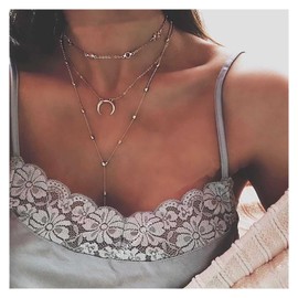 Andelaisi Boho Moon Crescent Necklace - Silver Crystal Y Necklace - Satellite Chain Lariat - Women's Jewelry