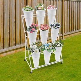 DCEHKR 3-Tiers Flower Display Stand Moving Florist Bouquet Shelf with 9Pcs Plastic Buckets Metal Plant Stand with 4 Universal Wheels Metal Plant Stand for Fresh Flower Shop (White Frame, White Bucket)