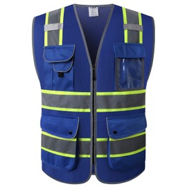 JKSafety 9 Pockets High Visibility Zipper Front MESH Blue Safety Vest | Blue with Dual Tone High Reflective Strips | ANSI/ISEA Standards (100-Blue, XXL)