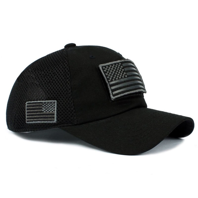 American Flag Black Hat Detachable Patch Micro Mesh Tactical Cap