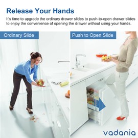 VADANIA 22" Push to Open Drawer Slide, #VF1245, 3-Fold Full Extension, Heavy Duty 100lb Load Capacity, Especially for Handleless Cabinet & Drawer, Ball Bearing, Side Mount, Black, 1-Pair