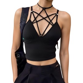 SOLY HUX Gothic Tops for Women Criss Cross Crop Tops Y2K Party Club Rave Concert Outfit with Choker Pure Black X-Large