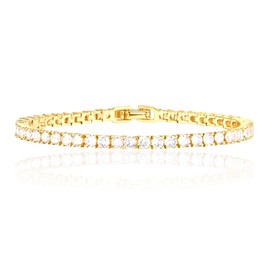IMPRESSIVE 14K Gold Plated Classic Tennis Bracelet Cubic Zirconia Gold Bracelets for Women Pulsera Esclava Oro Laminado Con Piedras Para Mujer, 8.5 Inch, Cubic Zirconia