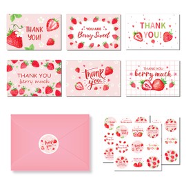 Thank You Cards with Envelopes, 24-Piece Set Strawberry Greeting Cards Strawberry Thank You Cards Foldable Congratulations Cards with Envelope Stickers, Baby Gift Party, Birthday Party, Wedding