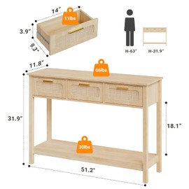 ELYKEN 51.2" Entryway Table with 3 Rattan Drawers, Boho Console Table Narrow with Storage, Long Sofa Table for Behind Couch Entry Hallway, Entrance, Living Room, Natural Wood