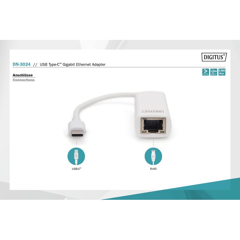 DIGITUS USB 3.0 Typ-C Gigabit Ethernet Adapter, 10/100/1000 Mbps, MacBook