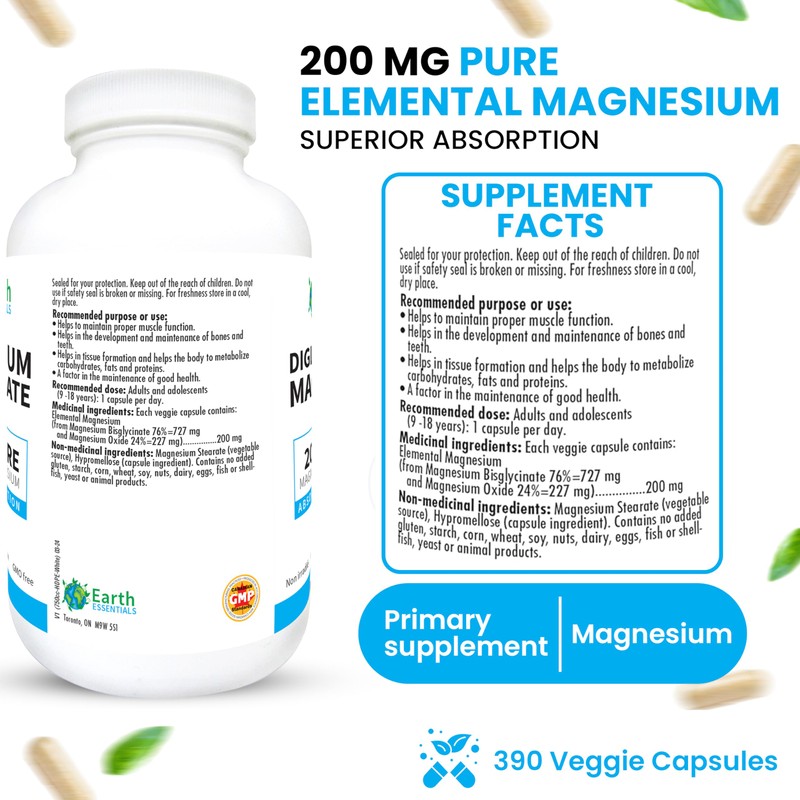 Earth Essentials Magnesium Bisglycinate, 390 Veggie Capsules, Superior Absorption, 200