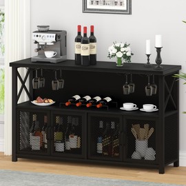 LVB Black Coffee Bar Cabinet, Modern Liquor Cabinet for Liquor and Glasses, Kitchen Sideboard Buffet Cabinet with Wine Rack Storage, Farmhouse Wine Cabinet for Home Living Dining Room, Black Oak 47 In
