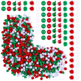 SUNNYCLUE 1300Pcs Mini Christmas Craft Embellishments,600Pcs White Red Green Pom Poms Balls 300Pcs Resin Buttons 400Pcs Tiny Xmas Tree Bells for DIY Art Craft Sewing Projects Party Decoration Supplies