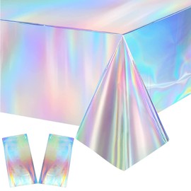 wordmouk 2 Pack Iridescent Tablecloth 137X274cm Plastic Pastel Rainbow Disco Party Tablecloth Waterproof Shiny Rectangle Tables Laser Table Cover for Party Birthday Christmas Wedding Picnic Decoration