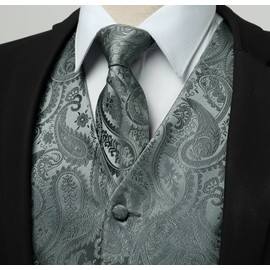 Rithern Men's Waistcoat Dark Grey Paisley Waistcoats Floral Jacquard Silk Waistcoat Tie Pocket Square Set For Wedding Casual Party Business Suit Vest set M