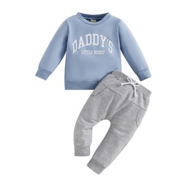 Baby Boy Fall Clothes Set 2 Piece Newborn Daddy Letter Print Long Sleeve Round Neck Sweatshirt Tops Solid Color Pants Set for Winter Spring (Blue, 2-3T)