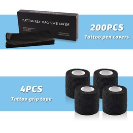 Machine Pen Covers Grip Tape 204Pcs - Combofix 200Pcs Machine Covers and 4Pcs Tattoo Grip Wrap Black Tattoo Pen Bags Combination Grip Self-Adherent Tape Pen Sleeves Tattoo Supplies