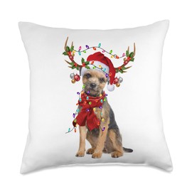 Border Terrier Christmas Light Gifts Co Santa Border Terrier Reindeer Christmas Lights Throw Pillow, 18x18, Multicolor