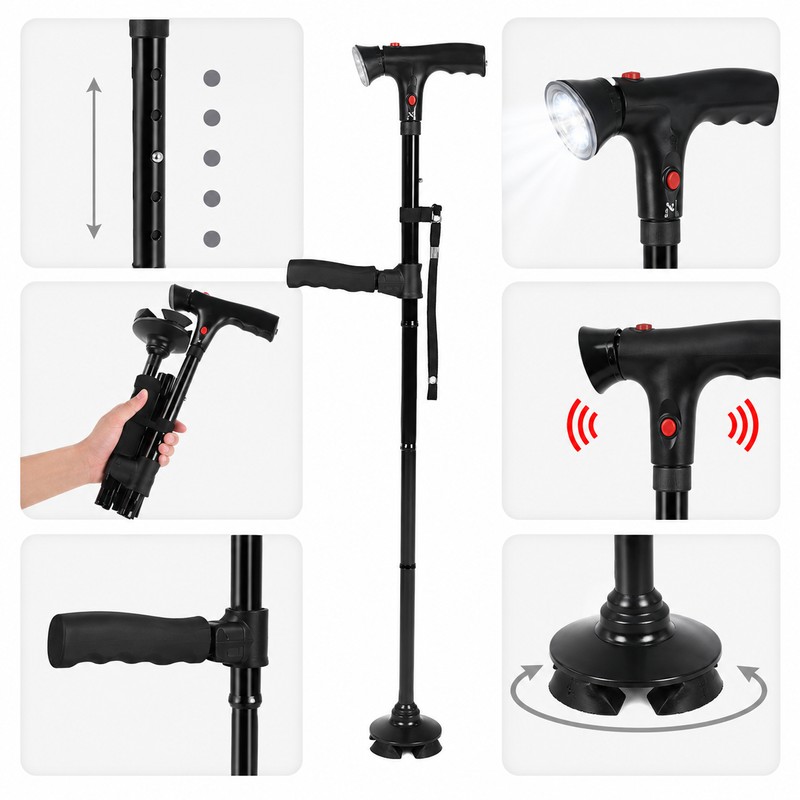 Folding Walking Cane for Senior Mobility – LED Light, Alarm