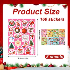 8 Sheets 160pcs Christmas Stickers for Kids, Christmas Tree Snowflake Santa Claus Elk Cute Holiday Stickers Waterproof Christmas Decorations Sticker for Scrapbooking Crafts Cards Party Favors