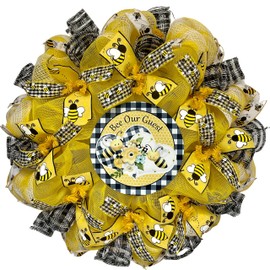 Bee Our Guest Spring Summer Welcome Wreath Handmade Deco Mesh Available in 24 inch and 28 inch diameters