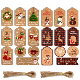 100PCS Christmas Labels, 20 Types Tags, 2 Bundles of Twine Included, Perfect for Xmas Wrapping Decorations, DIY Homemade Arts Craft