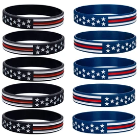 COYOUCO 10 Pack American Flag Bracelets -Thin Red Line Silicone Rubber Wristband Stretch Set for Americanism, Patriotic, Holiday, Army and Sport Fans, ndependence Day, Gifts for Teens Men Women