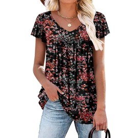 Womens Ruffle Short Sleeve Tunic Tops V Neck Loose Fit Black Bright Flowers Summer Tops 3XL